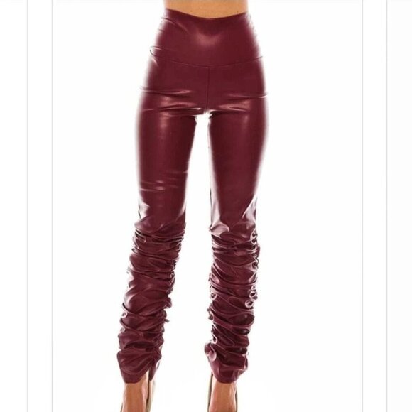 Faux Leather High Waist stretch Pants Legging with ruched leg - Picture 4 of 14